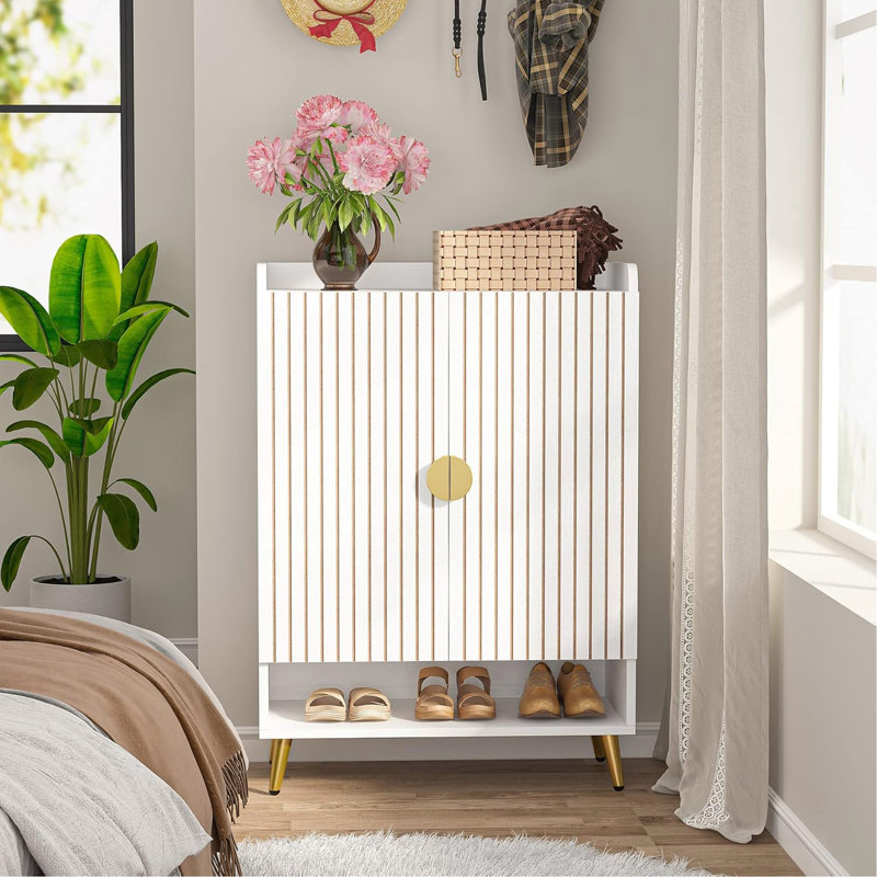 29.6” White & Gold Wooden Shoe Cabinet With Doors, 7-Tier Shoe Storage Organizer, White/Gold