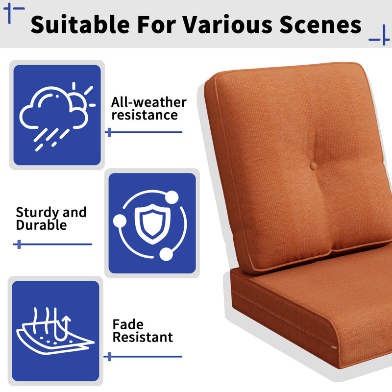 Outdoor Deep Seat Cushion Set - Fade-Resistant Olefin Fabric, Orange, 3