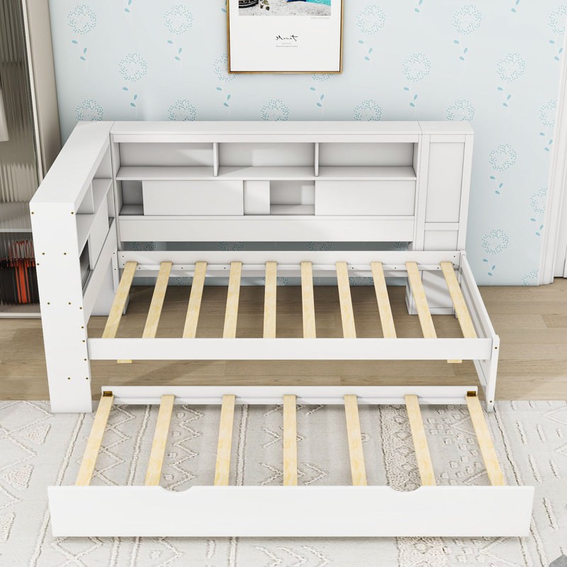 Twin Wooden Daybed with Twin Trundle, Built-In Storage Shelves, USB and Socket, White
