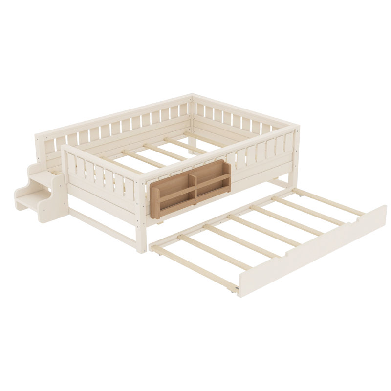 Full Bed In Beige With Bedside Reading Spot And Hidden Guest For Size Built - Bookshelves, Small Staircase, Trundle Rails 'S Comfortable Sleep