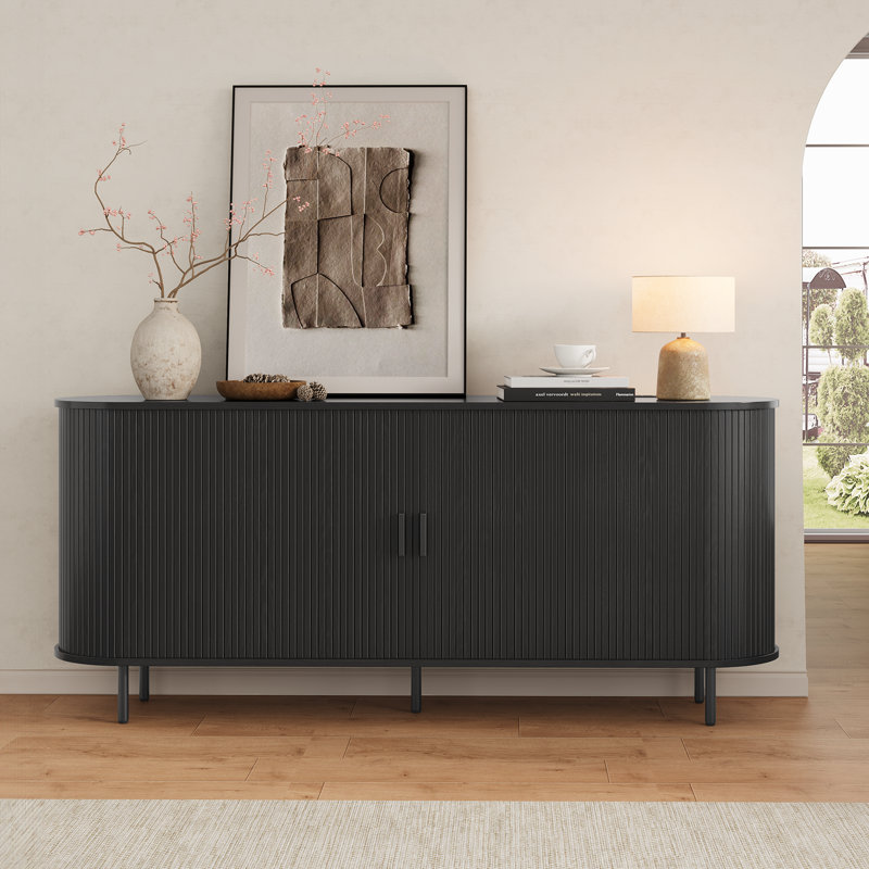Buffet avec grand tiroir, buffet avec porte coulissante Tambour et tablette réglable, 70'' W X 30'' H X 15.35'' D, Noir