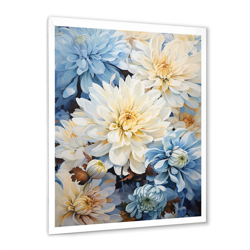 «Garden Bliss Mums» en blanc et bleu IV sur toile, Cadre simple blanc, H 20 po x l 12 po x P 1 po