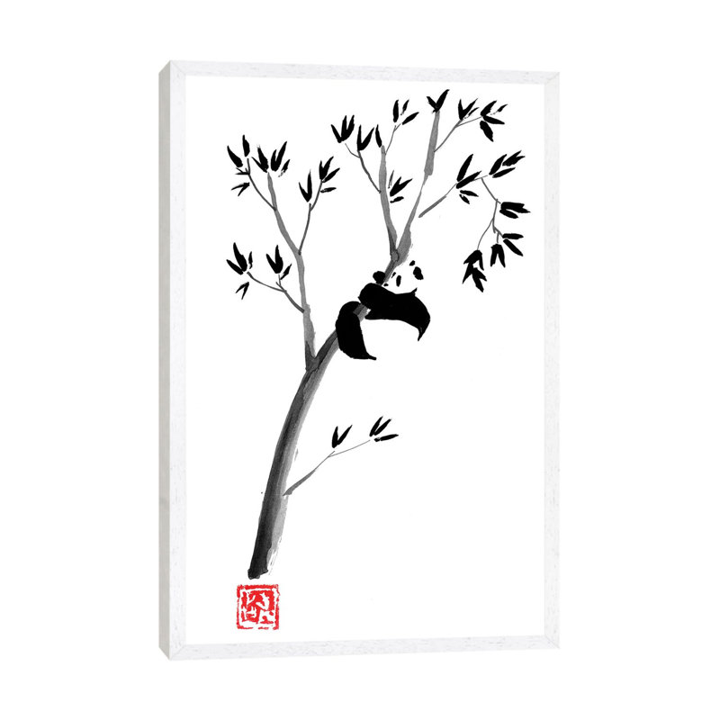 Panda In The Tree by Péchane - Painting on Canvas, 101.6 cm H x 66.04 cm W, White Framed