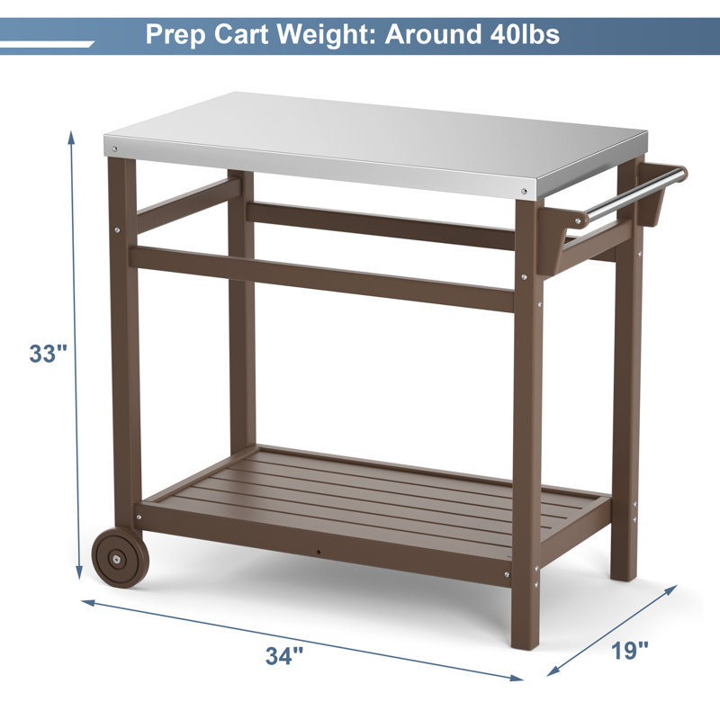 Chariot de table d'extérieur avec plateau en acier inoxydable et 3 tablettes , H 33 po x l 34 po x P 19 po, Brown