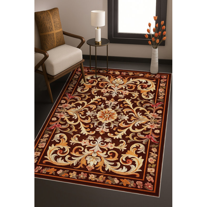 Tapis brun tissé à motif floral lavable Mosso, 2'6" x 9'10"