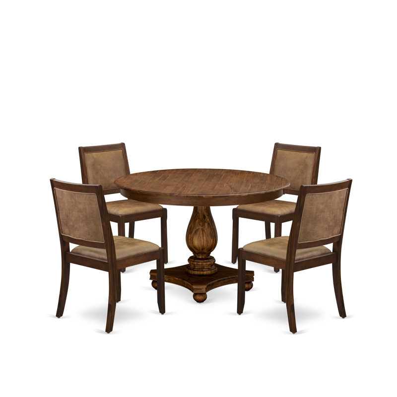 5-piece Mid-century Dining Table set consists of a Round Kitchen Table and 4 Brown Textured Faux Leather stackable Chair, Antique Walnut Finish.