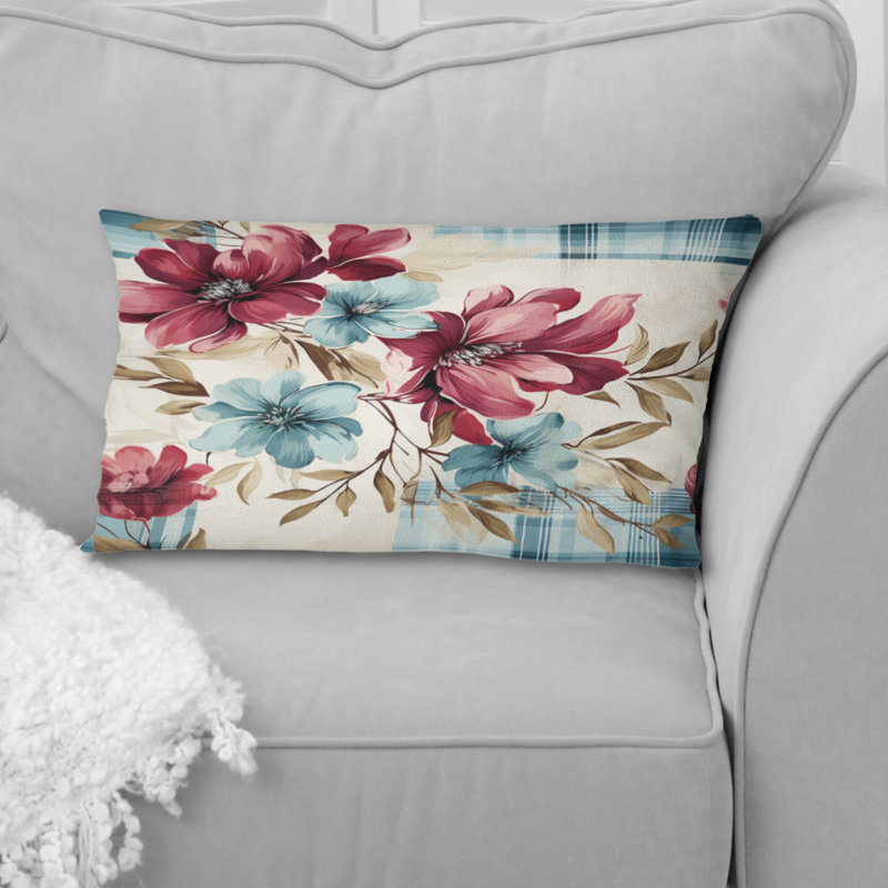 Motif de fleurs bohémiennes à motif écossais rose et bleu - Polyester floral