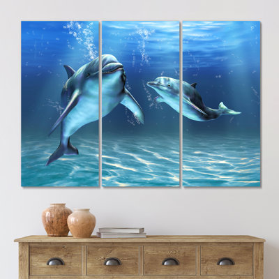 Art mural sur toile côtier, reproduction de la faune des dauphins - deux dauphins bleus