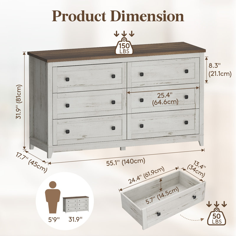 Commode 6 tiroirs pour chambre à coucher, commodes et commodes Farmhouse