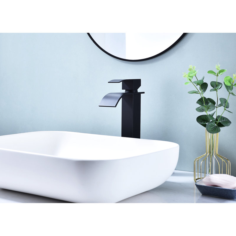 Robinet de lavabo pour salle de bain à poignée simple Waterfall Spout, noir mat, acier inoxydable avec bonde escamotable sans trop-plein