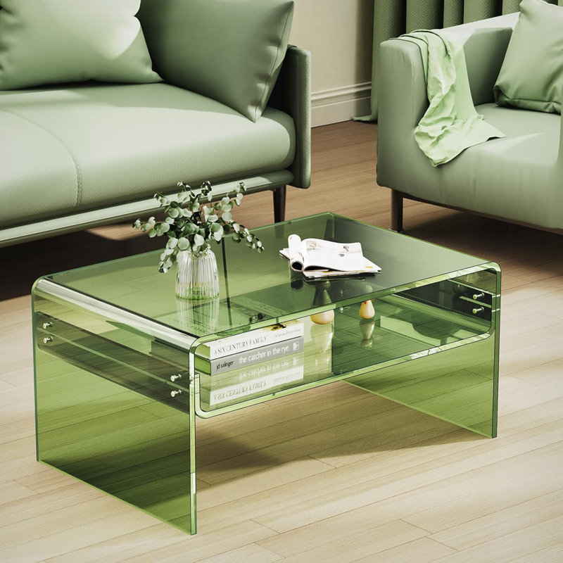 Large Green Acrylic Coffee Table with Open Storage Shelf