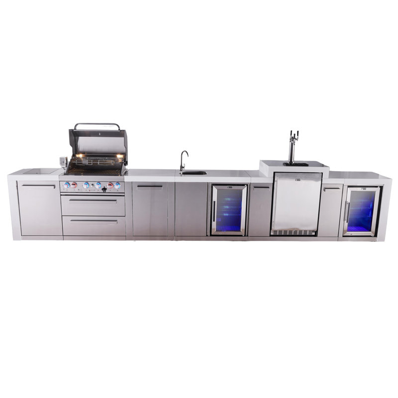 Mont Alpi Premium 4-burner 193" Deluxe Stainless Steel Island Modular Outdoor Kitchen Island Bbq Gas Grill With Beverage Center Faucet & Sink + Refrigerator + Kegerator + Storage Drawers And Cabinets