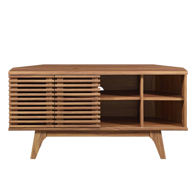 Walnut Mid-Century Modern Corner TV Stand with Sliding Doors