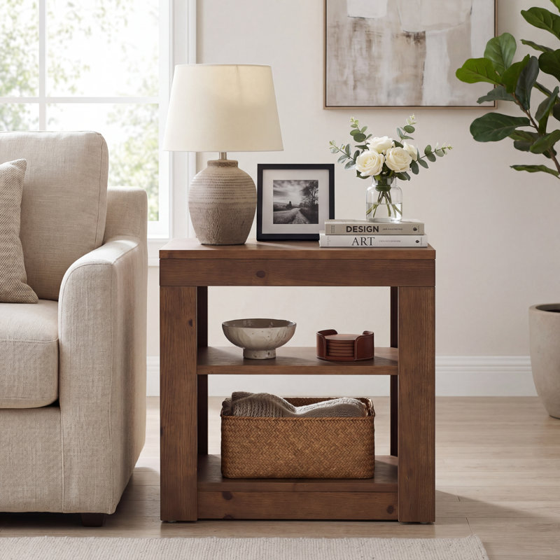 Table de bout en bois massif de 24 po avec 2 tablettes ouvertes, table d'appoint / table de chevet Modern Farmhouse, table d'appoint rustique pour le salon et la chambre à coucher