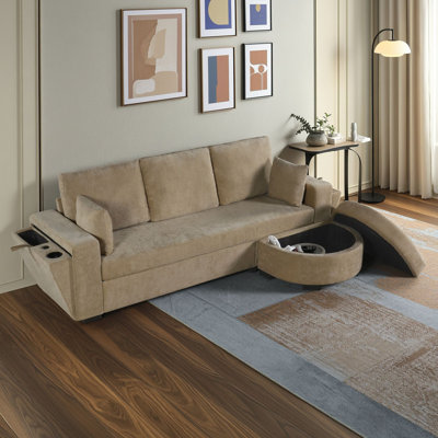 Three Seat Sectional Sofa with Storage Ottoman, USB Charging Port and Cup Holders
