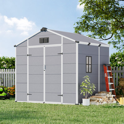 8 x 6 FT Resin Storage Shed, Steel‑Reinforced Waterproof Outdoor Sheds with Floor & Weather-Resistant Sloped Roof, Outside Plastic Tool Shed for Backyard Patio Poolside Lawn