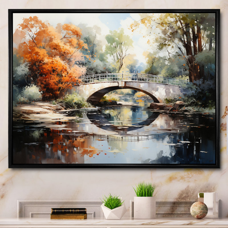 «Maahika Beige Bridge Impressionist Crossing An II», reproduction, H 34 po x l 44 po x P 1,5 po, Cadre flottant noir
