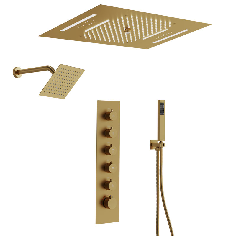  LED Bluetooth Music Thermostatic Rain Shower System with Dual Shower Heads and Handheld Sprayer, Brushed Gold