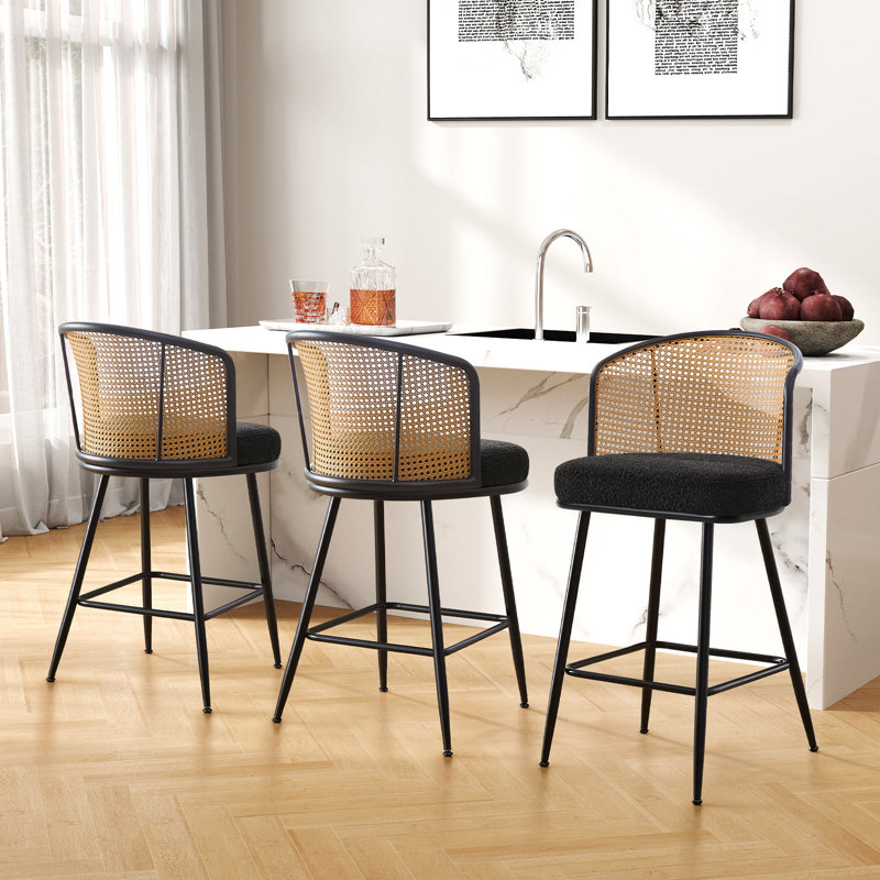 Cane Back Upholstered Counter & Bar Stool, Counter Stool (26" Seat Height), Black, 2