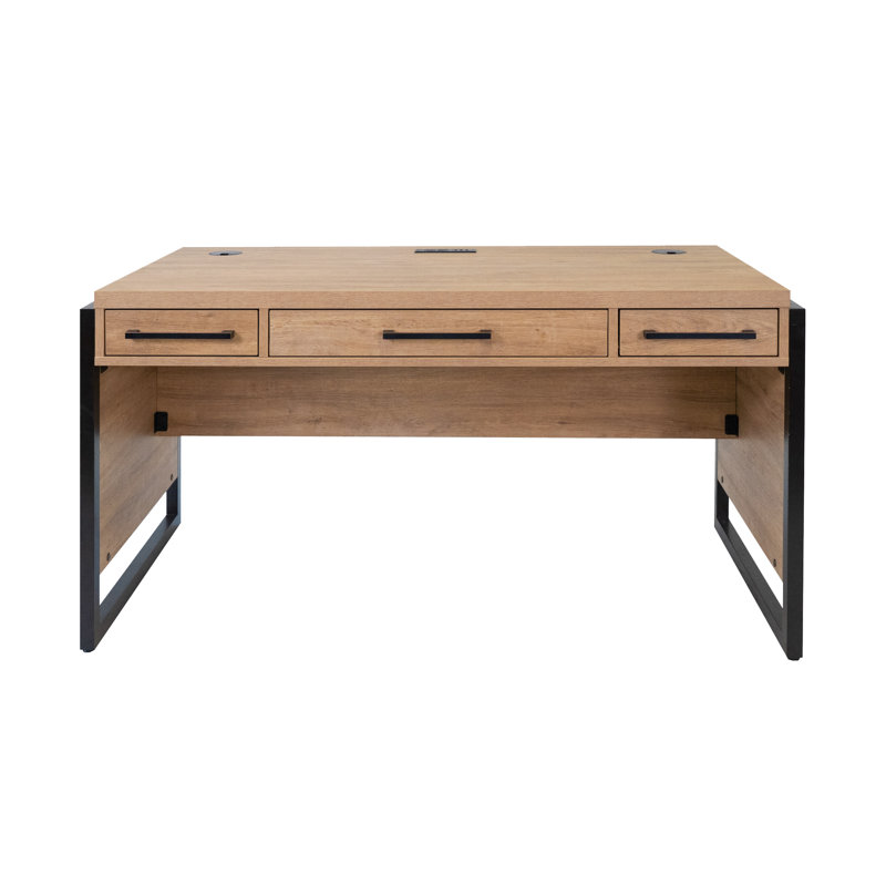 Solid Wood Computer Desk with Built-In Electrical Outlet, Light Brown/Black