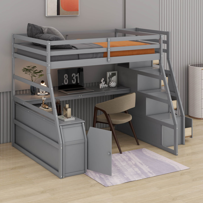 Lit mezzanine double avec tiroirs, Gris, Lit double