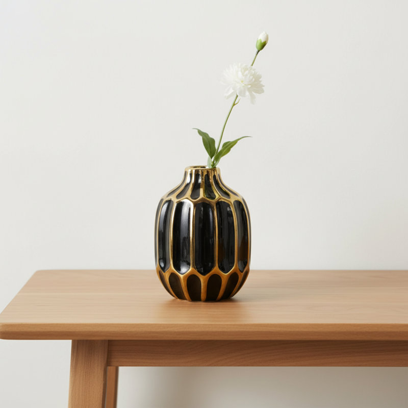 Addington Fluted Sculptural Ceramic Table Vase for Shelves or Bedroom Accent - Elegant Tall Flower Vase for Modern Home Table Decor Piece - Black & Gold