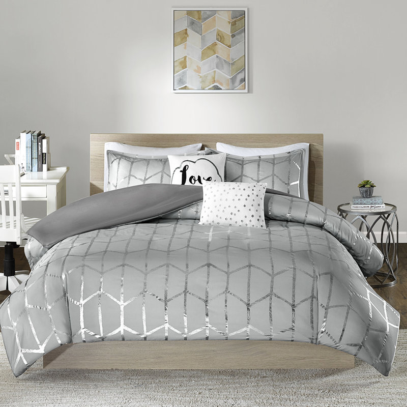 Housse de couette simple / simple TG avec motif géométrique argenté métallique et base grise attrayante + boutons