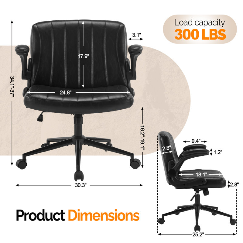 Oil-Waxed Leather Swivel Chair With Flip-Up Armrests, Black