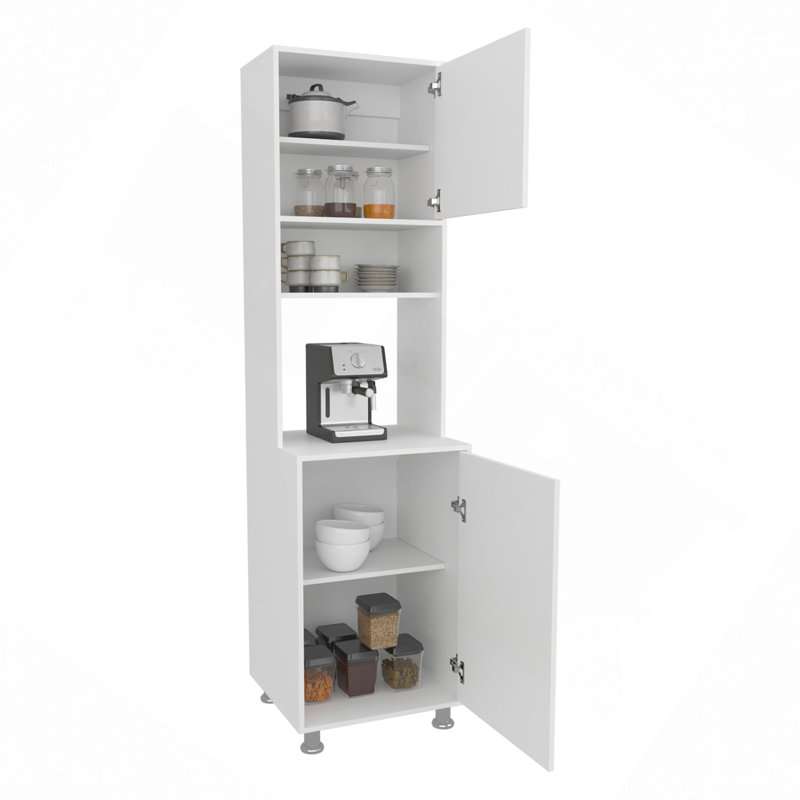 Armoire de cuisine avec deux portes, tablette centrale ouverte et rangement supérieur