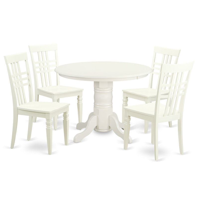 Ensemble de table de salle à manger 5 pièces comprenant une table ronde en bois avec piédestal et 4 chaises de cuisine, lin blanc