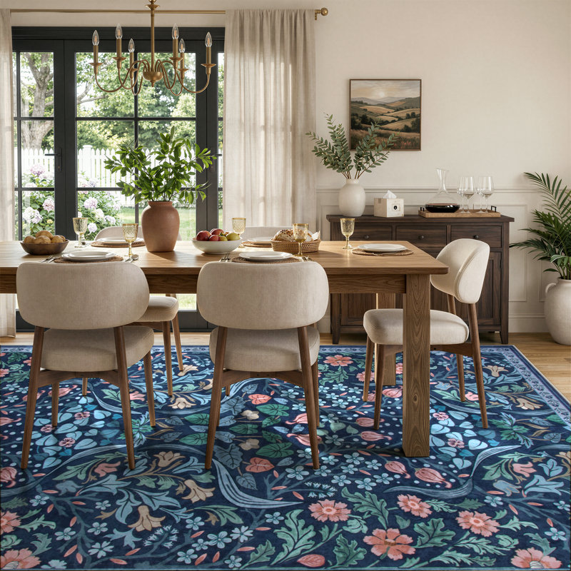 Tapis lavable à motif floral Kaldi, Rectangulaire 8 pi x 10 pi, Bleu