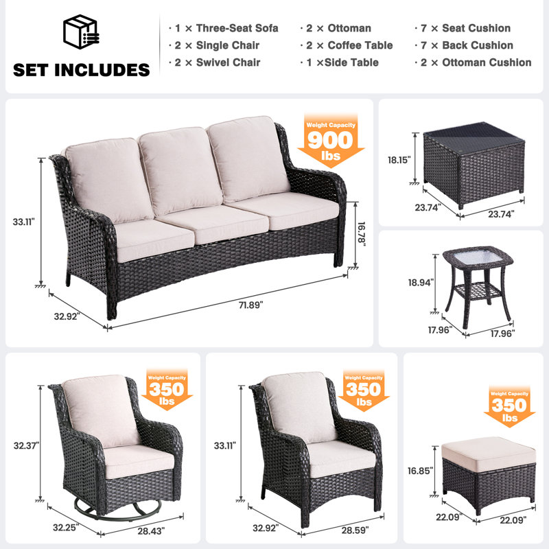 Ensemble de conversation en osier / rotin 7 personnes avec chaises pivotantes et coussins Guilen, Brun, Beige