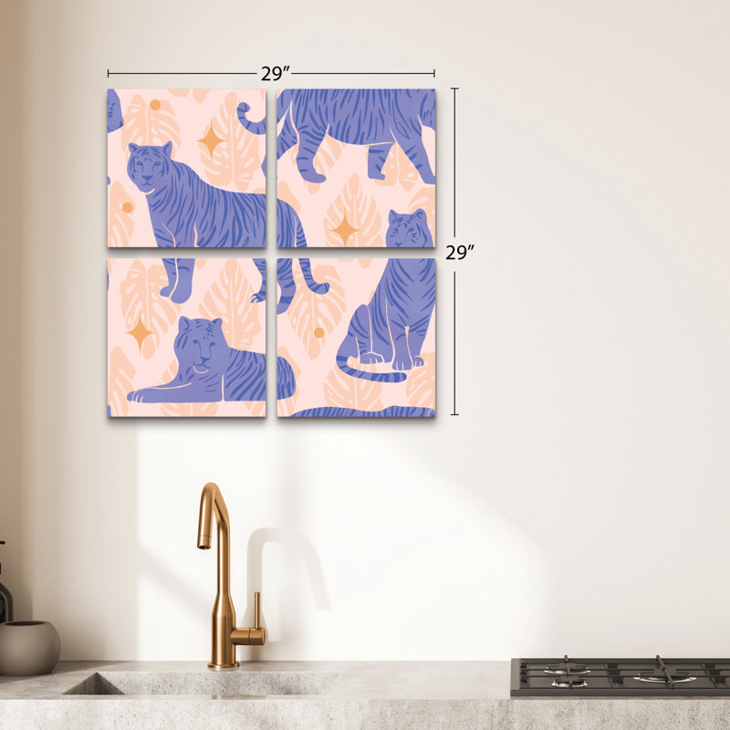 Ensemble de 4 panneaux muraux - Rachel Hallquist «Tigers Blue», art mural sur toile pour le salon, la chambre à coucher ou le bureau 