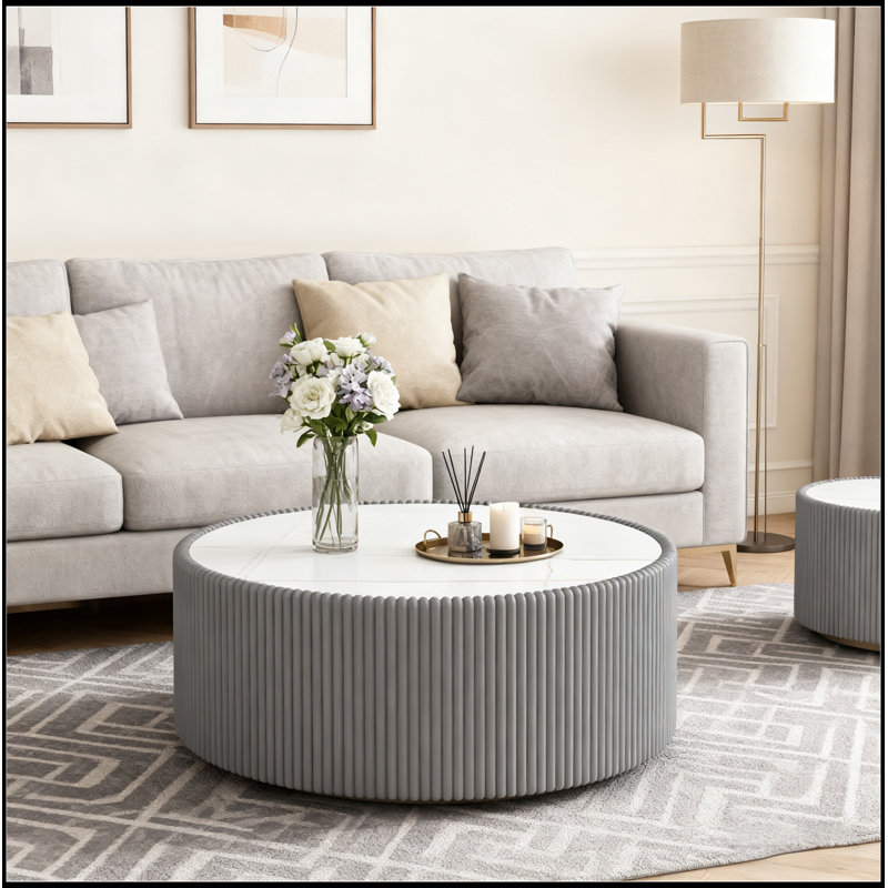 Light Marble Top Cylinder Shape Leather Coffee Table, Durable and Stylish for Modern Living Spaces, Gray