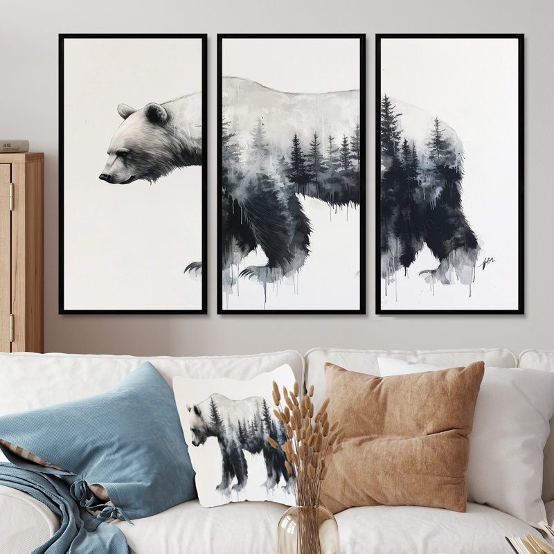Furry Giant Bear Double Exposure - Bear Wall Art Set, 28" H x 36" W, Floater Framed Print, Frame Color