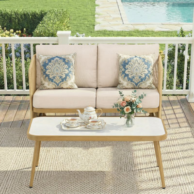 2-Piece Outdoor Wicker Rope French Garden Style Loveseat Rocking Set with Coffee Table