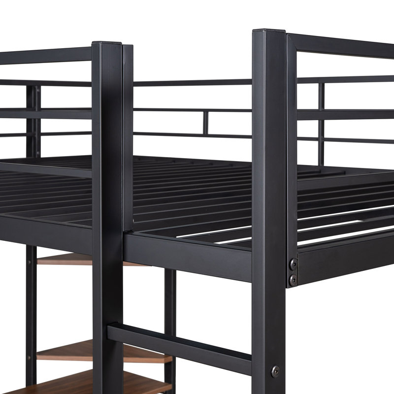 Lit mezzanine en métal noir avec bureau et 2 tablettes - Pleine grandeur, bureau peu encombrant, structure pratique durable