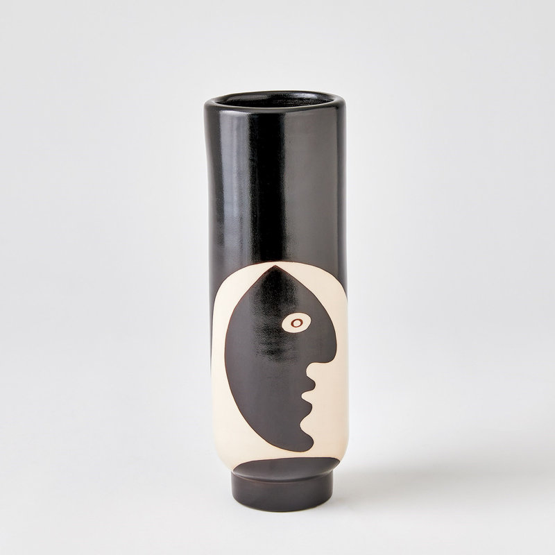 Simple Face Handmade Ceramic Table Vase, Black/Natural