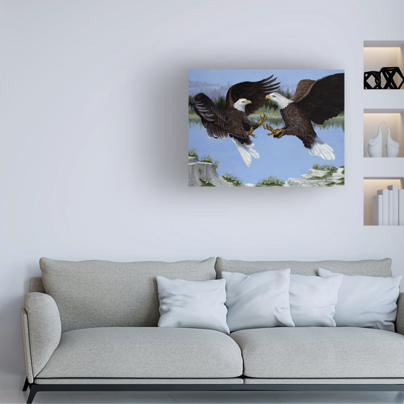 Contemporary Light Blue and Brown Bald Eagles Canvas Art