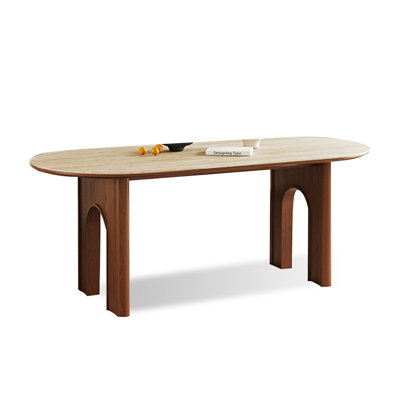 Beige + Brown Oval Sintered Stone + Solid Wood Dining Table