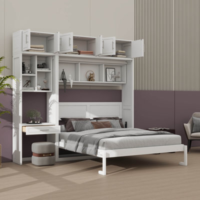 Queen Size Lavish Wall-Mounted Murphy Bed Integrated With Desk, Upper Cabinet, And Storage Units