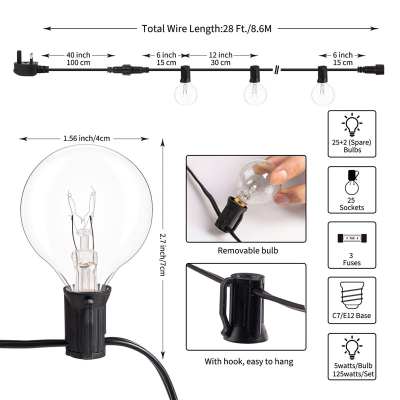 Anatolijs 860cm 27 - Bulb Festoon Lights String Light (End to End Connectable)