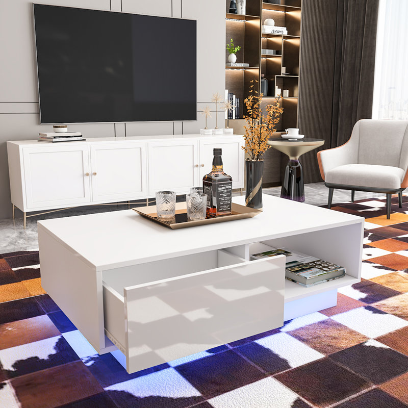 Kylianna Modern Coffee Table with LED Light, White