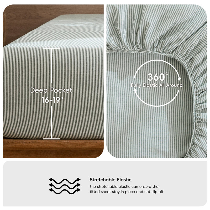 MooMee Striped Sheet Set 100% Washed Cotton Linen Like Textured Breathable Lightweight, King Sheet Set with 2 Pillowcases