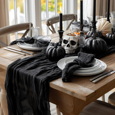 Black Boho Gauze Wedding Cheesecloth Table Runner 300 cm | Halloween Seasonal Bridal Fabric Kitchen Dining Holiday Table Decor for Home Party