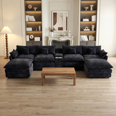145" U Shaped Cloud Couch Sectional, Oversized Star-Black Chenille Cloud Couch, Large Comfy Fluffy Modular Sectional Sofa, 6 Seat Sectionals Sofa Set
