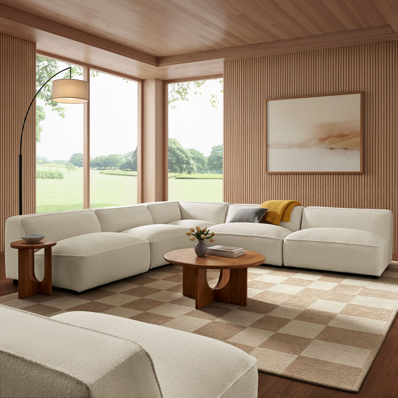 Canapé modulaire de coin 5 pièces Auren, Cream Boucle, 26.4" H x 125.3" W x 125.3" D