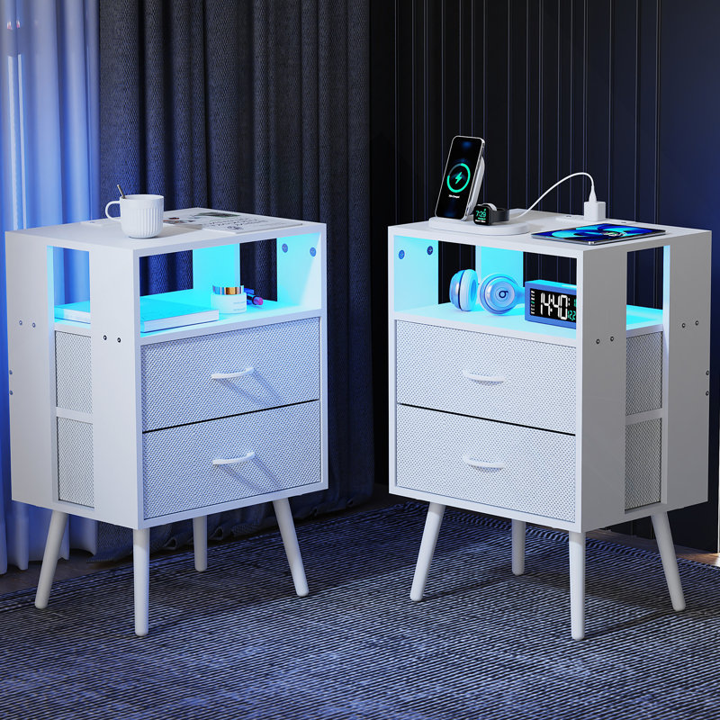 Ensemble de 2 tables de chevet modernes avec station de charge, tables de chevet avec éclairage DEL et tiroirs en tissu