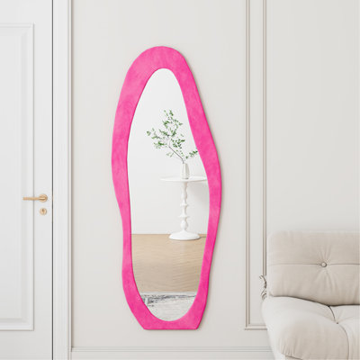 Miroir mural pleine longueur 63 po x 24 po, cadre enveloppé de flanelle, motif irrégulier unique, rose, image multifonctionnelle transparente, incassable, rose