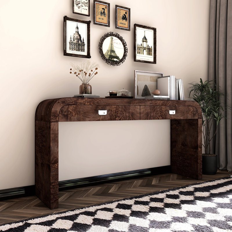 Wooden Entryway Table With Burl Veneer, Dark Brown